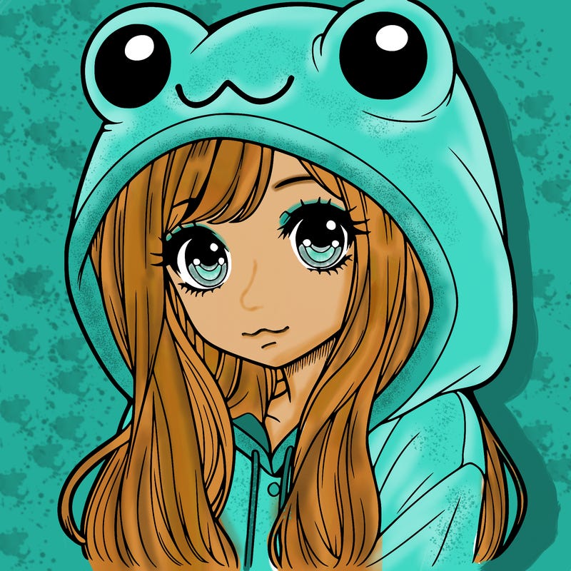 a pretty girl wearing a frog hoodie portrait with long hair