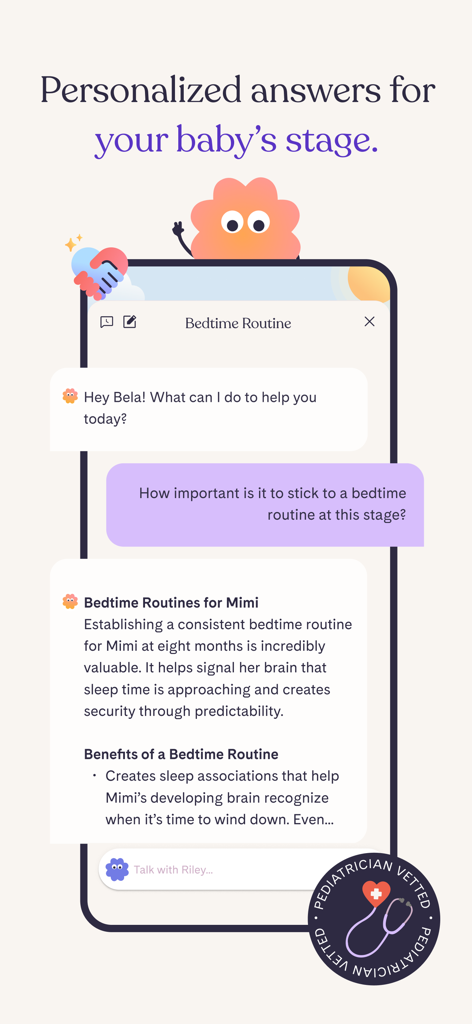 Riley: Baby Development Coach - Interfaccia di chat dell'app Riley che mostra consigli personalizzati sulla routine della nanna per un bambino di otto mesi con un timbro di approvazione pediatrica.