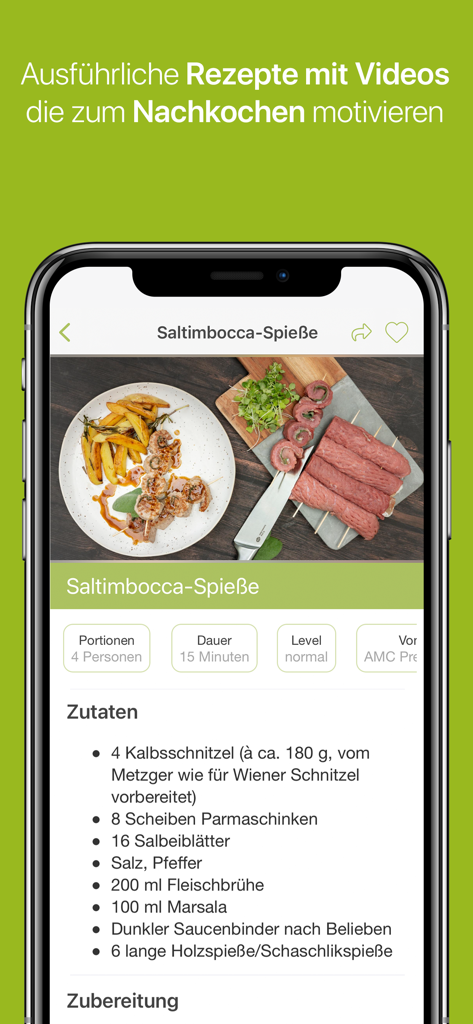 Kochen mit AMC - Mobiler App-Bildschirm, der ein Rezept für Saltimbocca-Spieße mit Zutaten und Kochzeit anzeigt