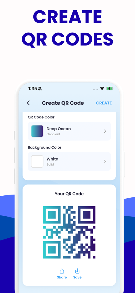 A mobile interface for the Barcode Generator app showing options to customize a QR code with different colors and gradients.