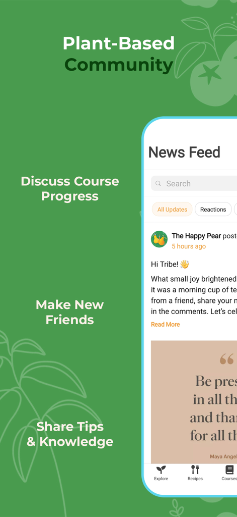 Captura de tela do feed de notícias do aplicativo Plant Based Recipe Club mostrando recursos de discussão e compartilhamento da comunidade.