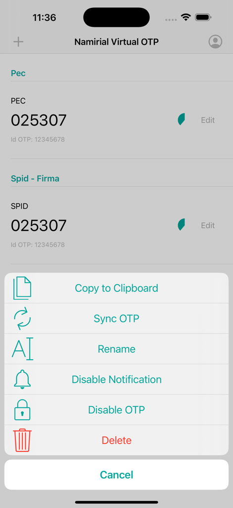 Action menu in the Namirial OTP app showing options like copy to clipboard sync and rename for two factor authentication codes