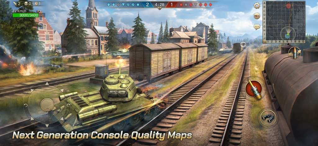 Tank Legion - Un tanque verde maniobra sobre vías de ferrocarril en un pueblo europeo realista durante una batalla de Tank Legion.