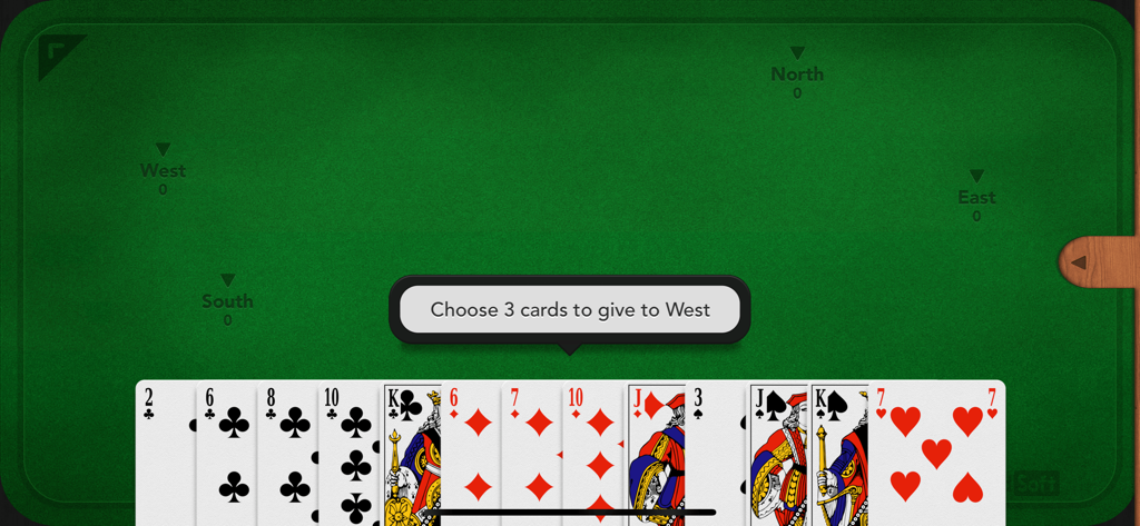 Hearts - Interface clássica do jogo de cartas Copas com a mão do jogador e prompt de passagem de cartas