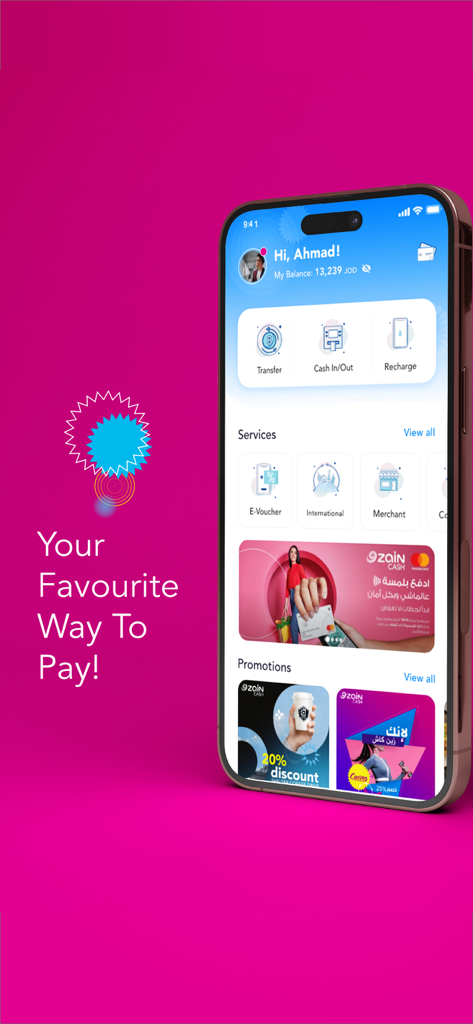 Zain Cash Jordan - A smartphone displaying the Zain Cash Jordan app home screen with financial services like money transfers and bill payments on a vibrant pink background