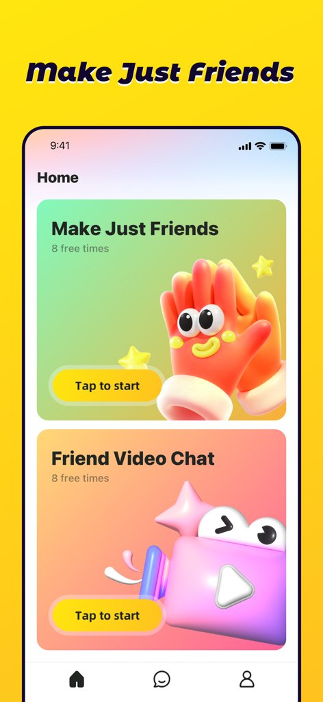 Zestr - Écran d'accueil de l'application Zestr montrant les options pour le chat vidéo et la création d'amis.