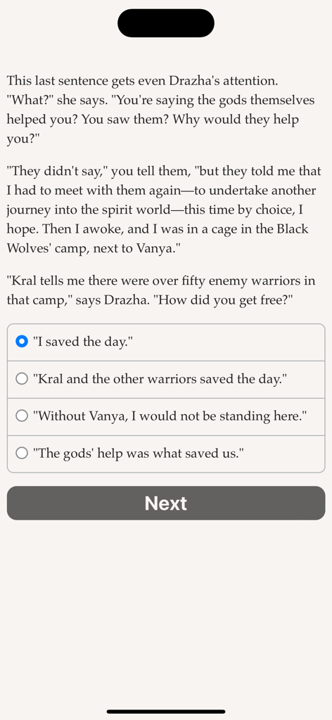 Uma captura de tela do romance interativo baseado em texto Saga of the North Wind mostrando diálogos narrativos e quatro opções de escolha do jogador.