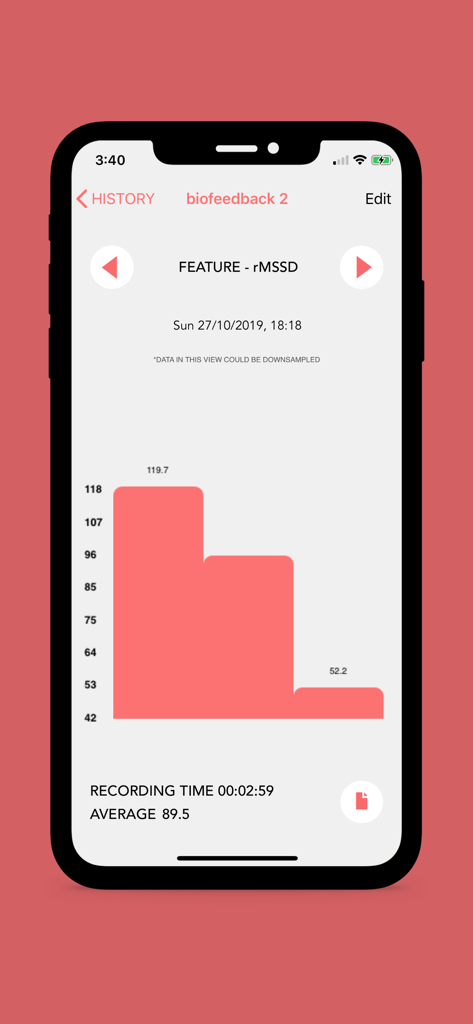 Camera Heart Rate Variability app screen showing a bar graph of rMSSD data with an average of 89.5