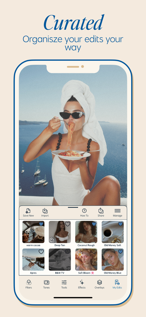 Screenshot of the Colortone app showing a curated gallery of saved photo filters and presets like Old Money and Soft Bloom.
