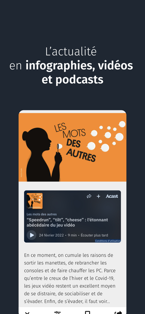 Courrier international - A mobile app interface for Courrier International showcasing international news with podcasts and infographics in French.