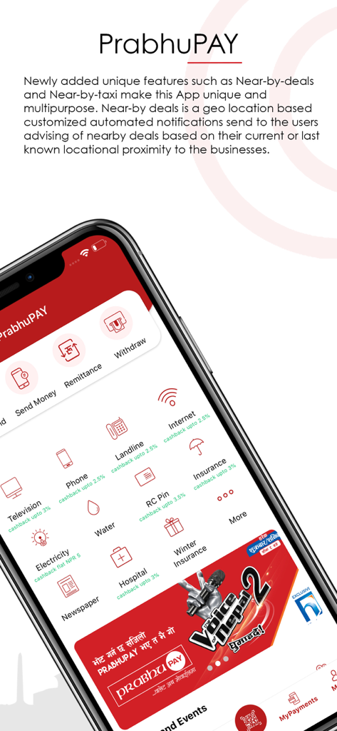 PrabhuPAY - Mobile Wallet - Interface de l'application PrabhuPAY montrant les options de paiement des factures de services publics pour la télévision, le téléphone, Internet et l'électricité au Népal.