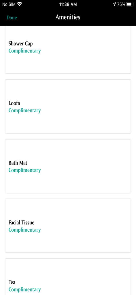 Crystalbrook - Un menú en la aplicación Crystalbrook que muestra una lista de servicios gratuitos del hotel como gorros de ducha, esponjas y té