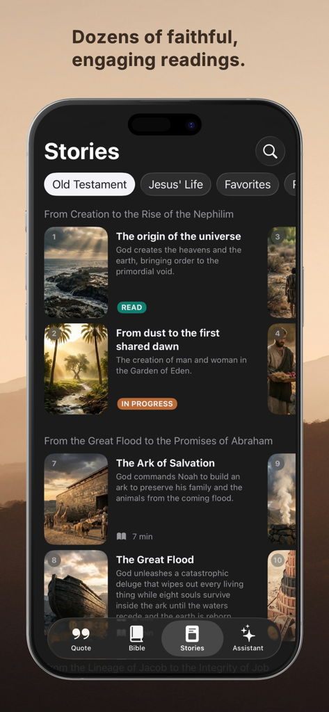 Un écran d'application mobile affichant une bibliothèque d'histoires bibliques illustrées avec des catégories comme l'Ancien Testament et la Vie de Jésus.