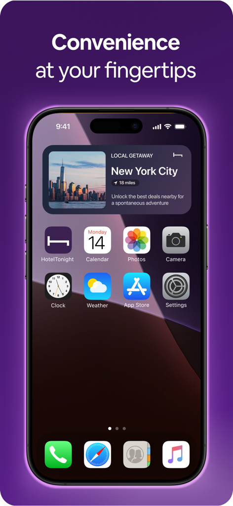 An iPhone home screen featuring a HotelTonight widget displaying a local getaway deal for New York City