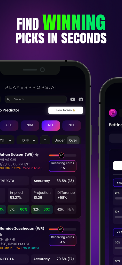 PlayerProps.ai mobile app screen displaying AI-powered NFL player prop projections and hit rate statistics