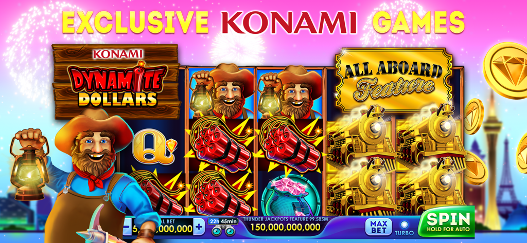 Lucky Time Slots mobile app showing the exclusive Konami Dynamite Dollars game with a miner character.