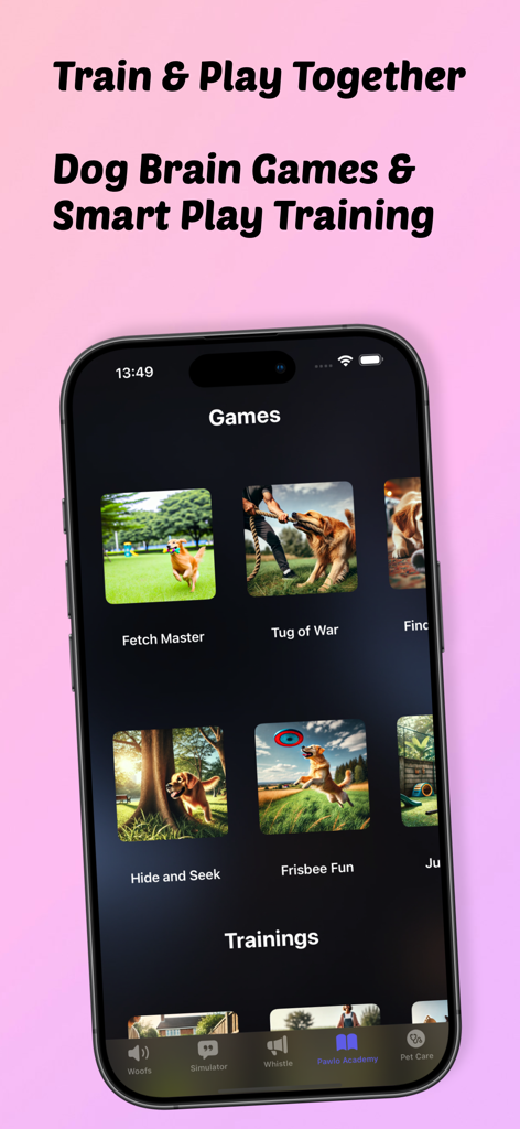 Dog to Human - Pawlo - Pawlo app screenshot showing dog brain games and training exercises like Fetch Master and Tug of War.