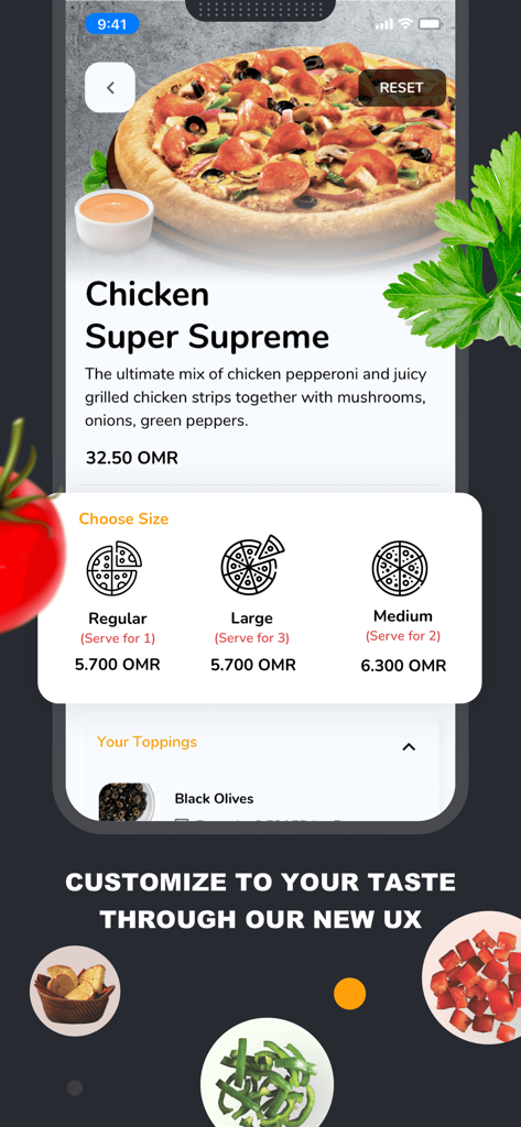 Interface do aplicativo Pizza Hut Omã mostrando opções de personalização para uma pizza Chicken Super Supreme com seleção de tamanho e ingredientes
