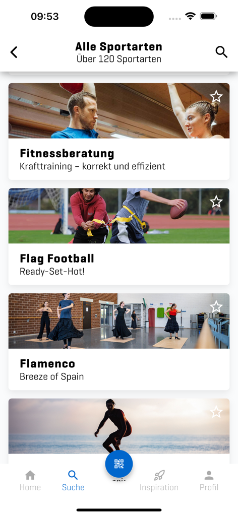 ASVZ - ASVZ app screen showing a list of various sports categories including fitness training, flag football, and flamenco.