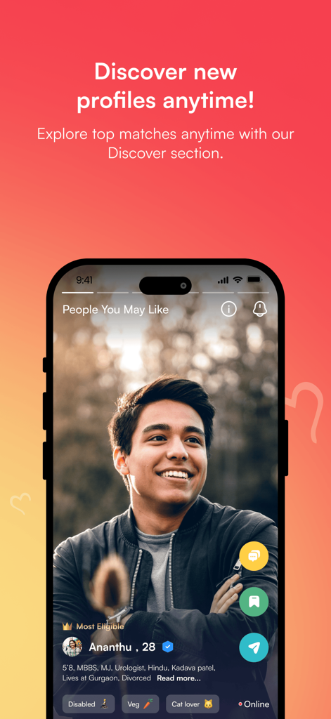 Medico Life Partner Matrimony - Discover screen of Medico Matrimony app displaying a profile for a male urologist.
