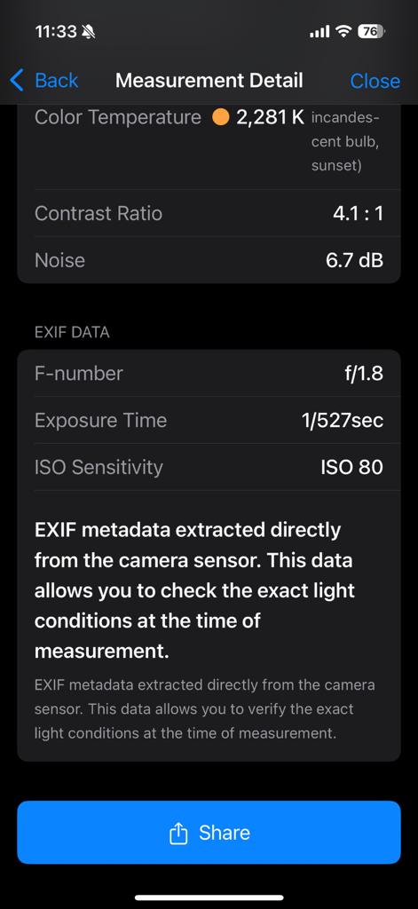 Light Scope - Lux Meter - Light Scopeアプリの測定詳細画面に、色温度とISOや露出時間などのカメラEXIFデータが表示されています