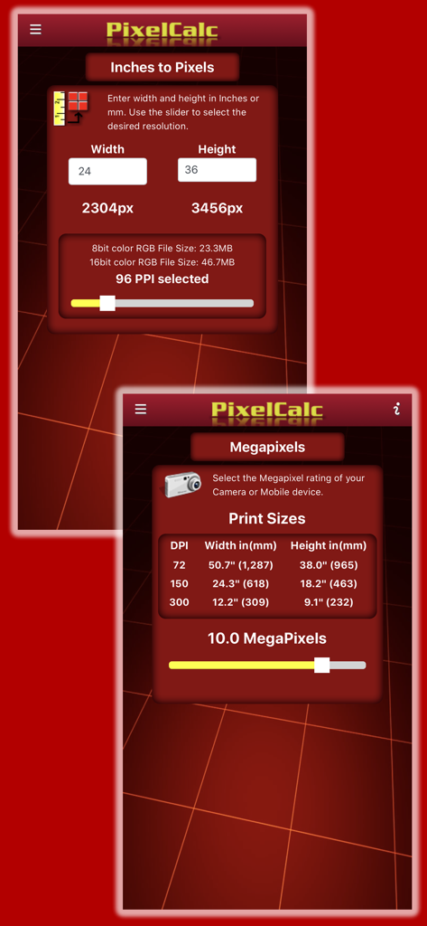 PixelCalc - Screenshots of PixelCalc app showing the inches to pixels calculator and megapixels to print size reference chart