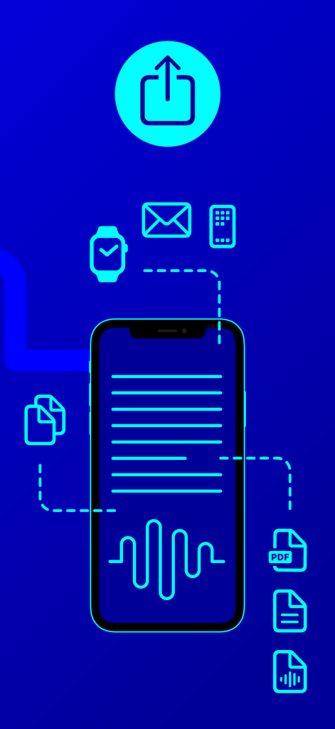 Dictation Pro - Voice to Text - Graphic showing Dictation Pro app integration with Apple Watch, email, and multiple file formats like PDF and text.