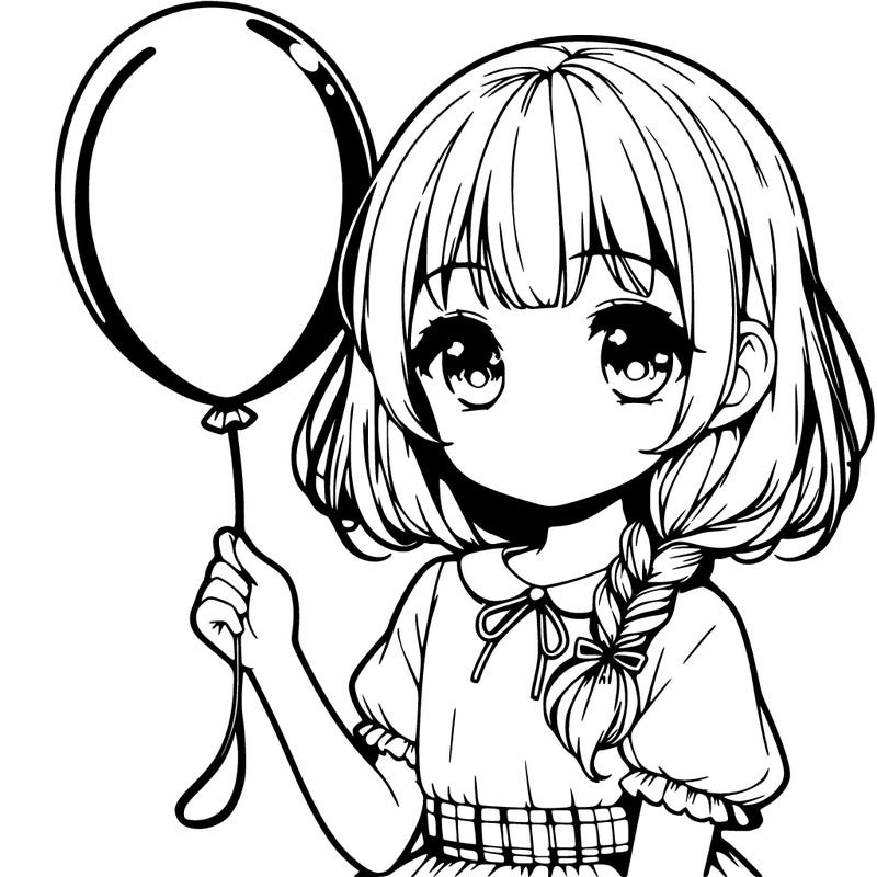 a girl with bangs 5 years old holding a balloon anime style