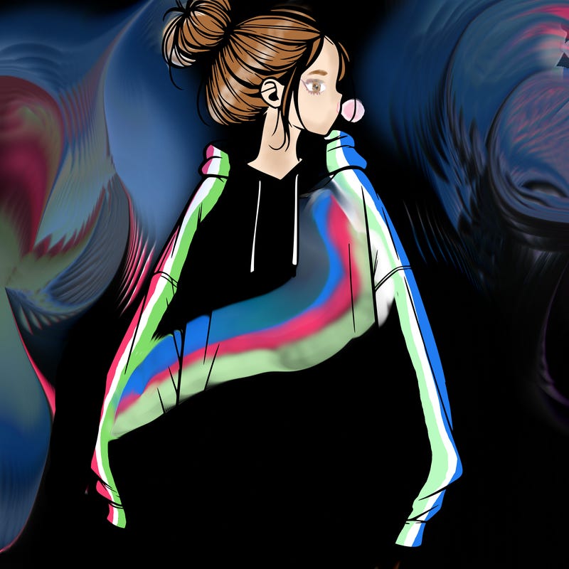 realistic girl with a oversized sweatshirt on and a bun