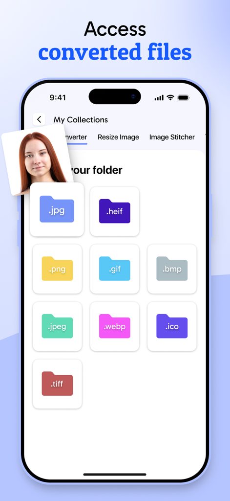 JPG、PNG、WEBPなどの変換済み画像ファイル形式のフォルダを表示するモバイルアプリのインターフェース