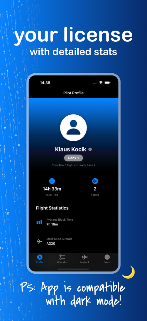 Pilot profile dashboard in the A320 Checklist Pro Assistant app displaying flight statistics and total hours in dark mode