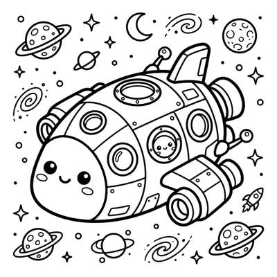 Prepare for an out-of-this-world adventure with this delightful Kawaii Manned Spacecraft coloring page. Featuring a super-cute spaceship ready for exploration, surrounded by friendly cosmic elements.