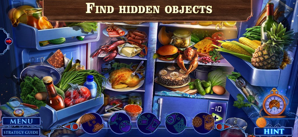 Un rompecabezas de objetos ocultos en un refrigerador lleno de comida del juego Fatal Evidence 1.