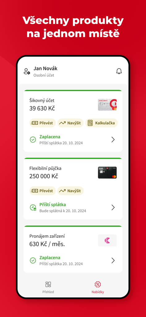Home Credit CZ - Home Credit CZ mobile app dashboard showing accounts and loans overview