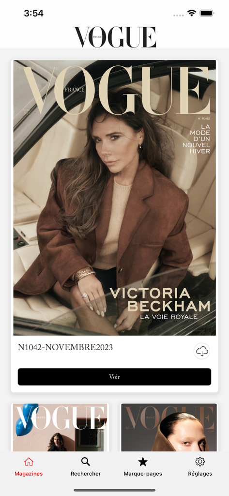 Vogue France Magazine - Mobile interface of Vogue France Magazine app featuring Victoria Beckham on the November 2023 cover.