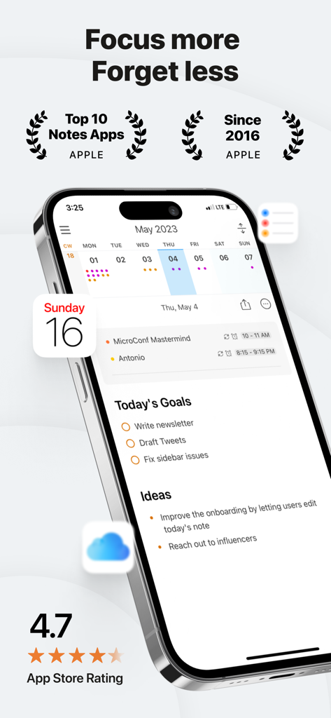 Interface do aplicativo NotePlan no iPhone mostrando calendário, tarefas e notas integrados com uma alta classificação na App Store