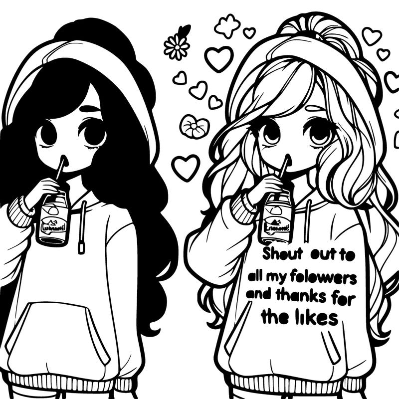 cute girl wearing a oversized hoodie drinking lemonade, long wavy high ponytail looking at a sign that says 'shout out to all my followers and thanks for the likes'