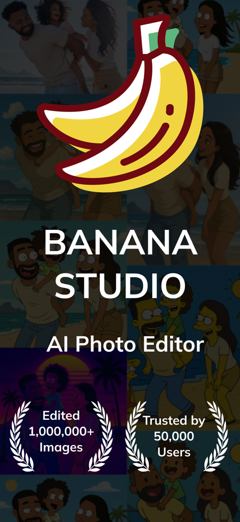 Banana Studio AI 사진 편집기 스플래시 화면, 앱 로고 및 소셜 증명 통계 표시