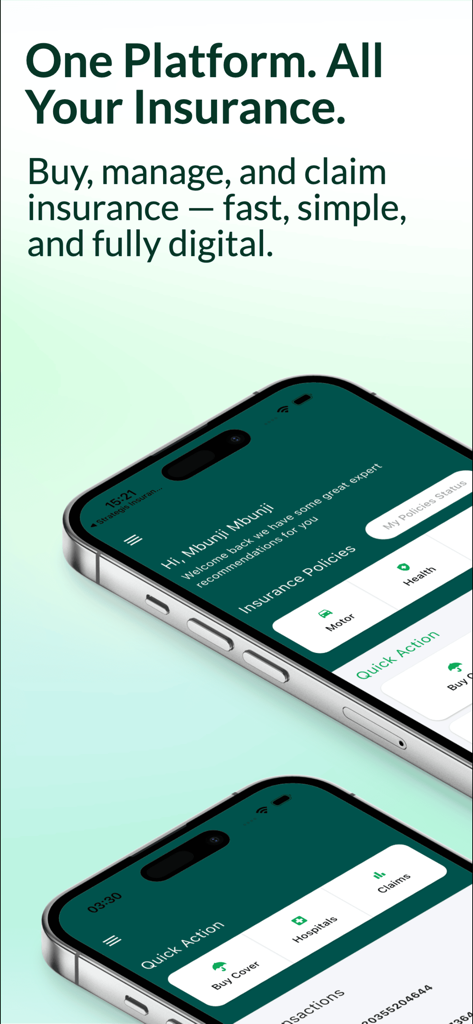 Strategis Insurance - Two iPhones displaying the Strategis Insurance app interface for managing health and motor insurance policies