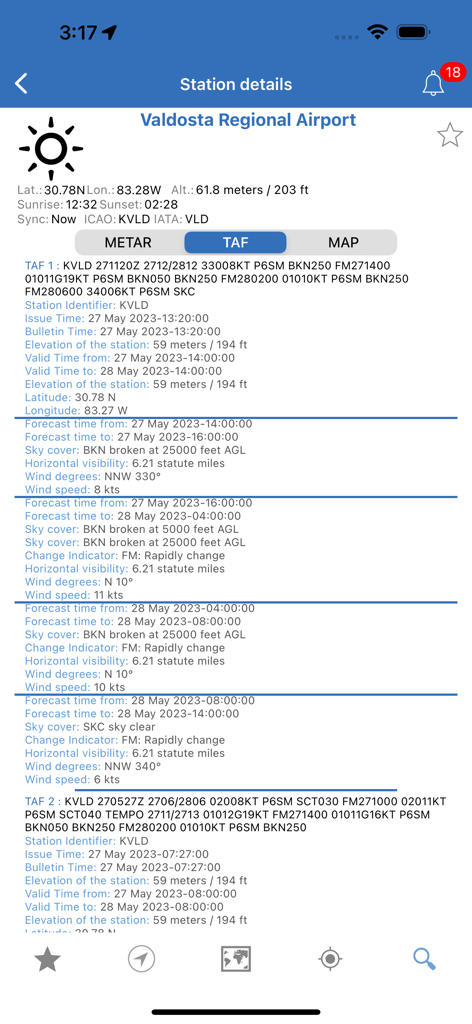 NOAA Aviation Live Sky Weather - Terminal Aerodrome Forecast details for Valdosta Regional Airport in the aviation weather app.