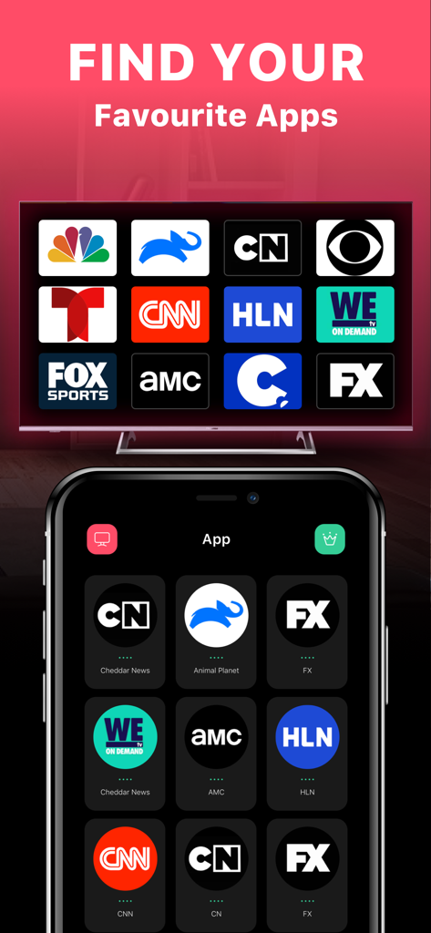 Interface de l'application TV Plus montrant une sélection d'icônes de chaînes de streaming sur un smartphone et un écran de télévision.