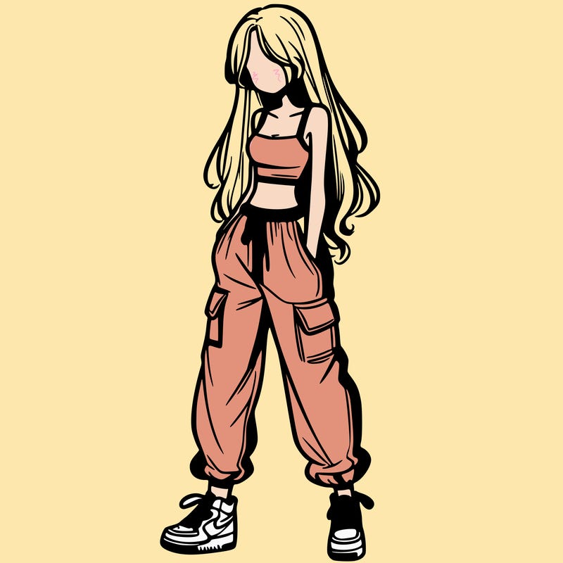 girl in baggy pants crop top and long hair