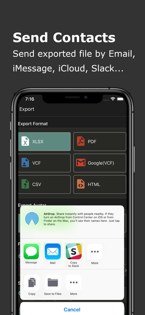 Export Contact to XLS PDF VCF - Exporting iPhone contacts to XLSX PDF or VCF and sharing via email or Slack