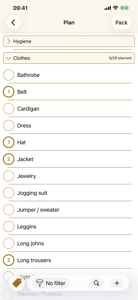 Pack The Bag Pro - Pack The Bag Pro app showing a detailed clothing checklist for travel planning including items like belt jacket and trousers