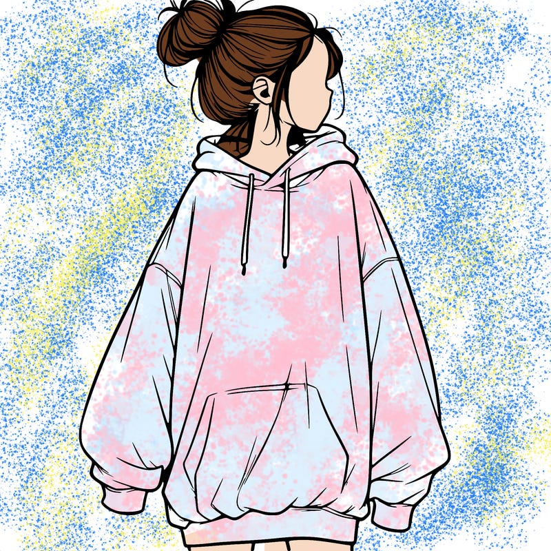 realistic girl with a oversized sweatshirt on and a bun