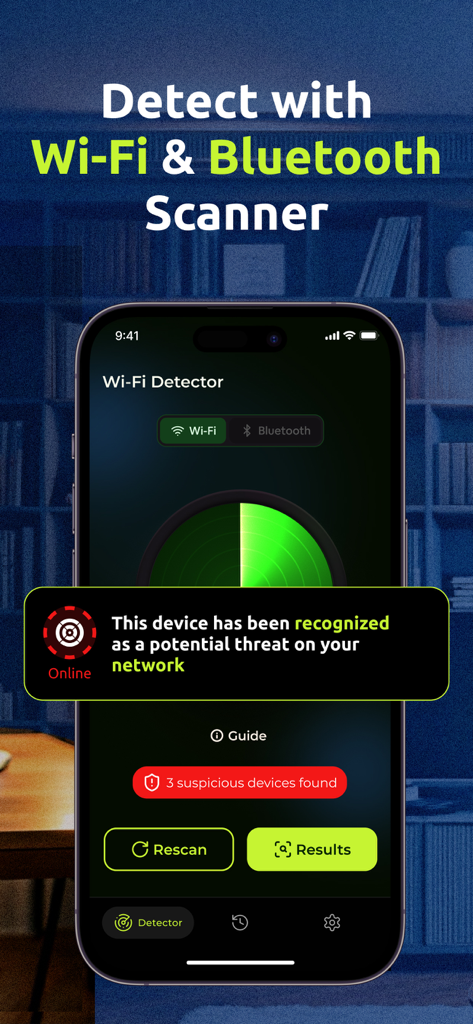 iPhone screen displaying the Dot Wifi Analyzer app identifying suspicious devices on a network