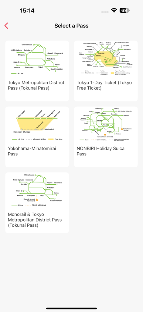 Welcome Suica Mobile - Selection screen for various Japanese transit passes in the Welcome Suica Mobile app