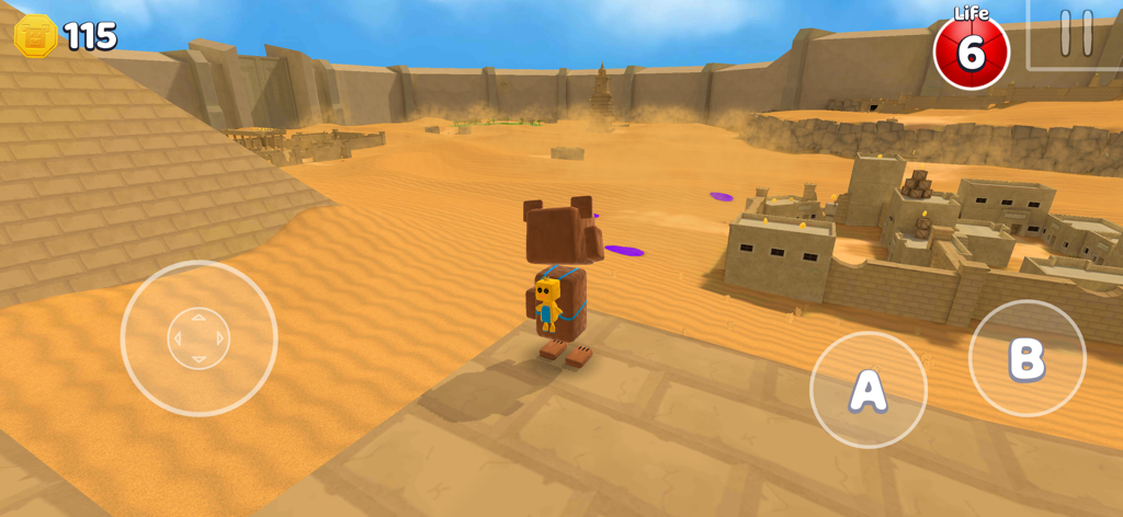 3DプラットフォーマーゲームSuper Bear Adventureで、ピラミッドのある広大な砂漠のレベルを見下ろすクマのBaaren。