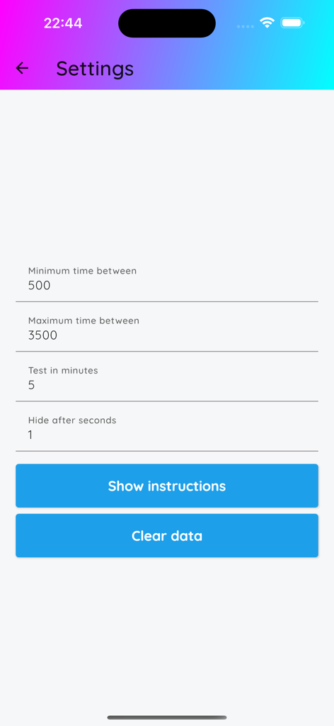 Stroop Buddy - Pantalla de configuración de la app Stroop Buddy mostrando opciones para personalizar la duración de la prueba y los intervalos de ensayo