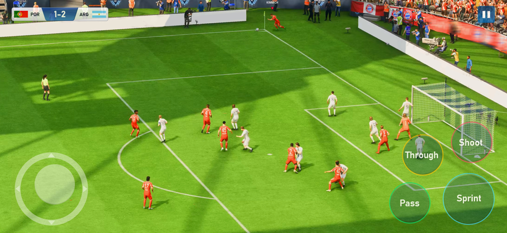 Football 2025 - Soccer Games - Gameplay of a soccer match in Football 2025 featuring on screen controls and players on a green pitch.
